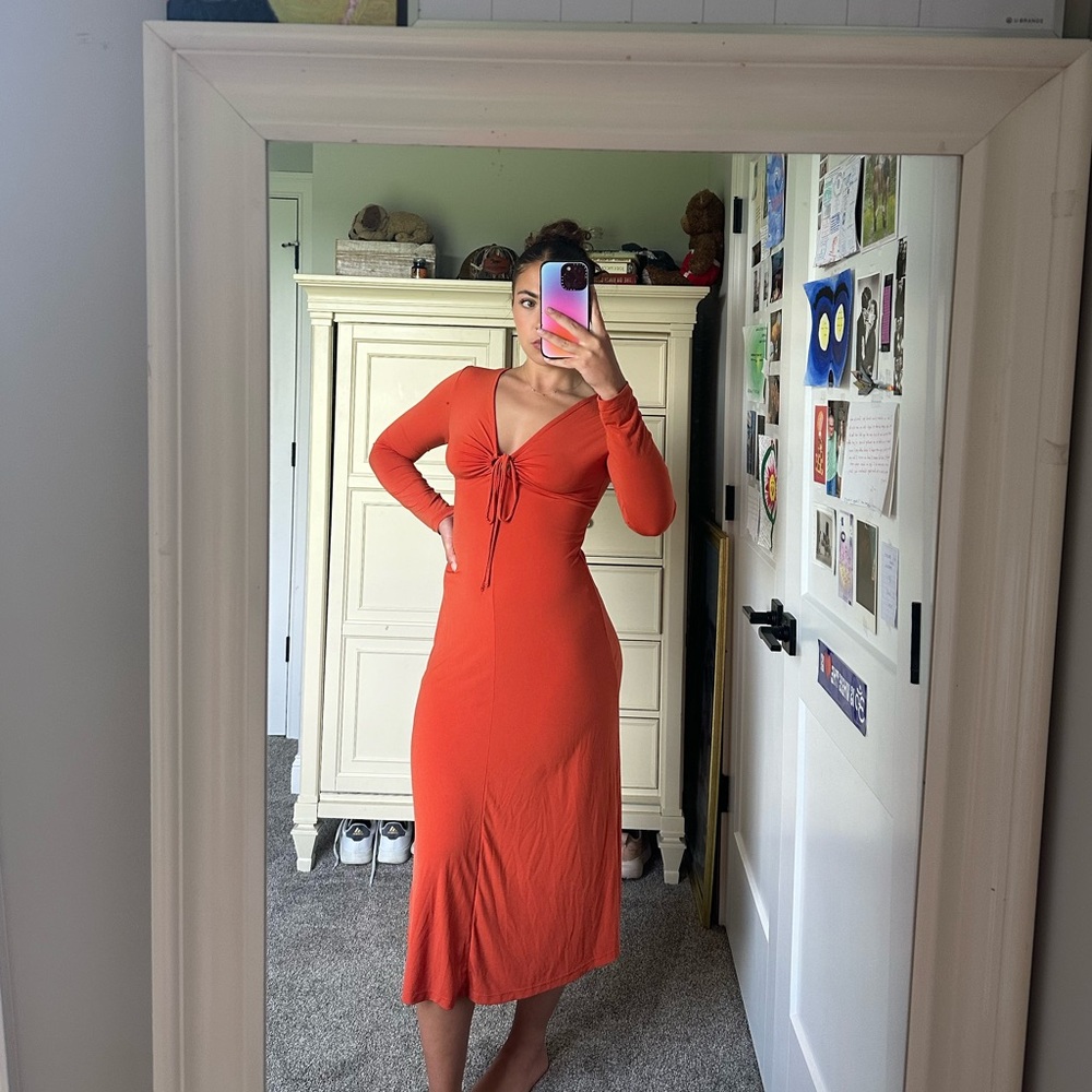 Stradivarius Orange Plunge Neck Long Sleeve Bodycon Dress